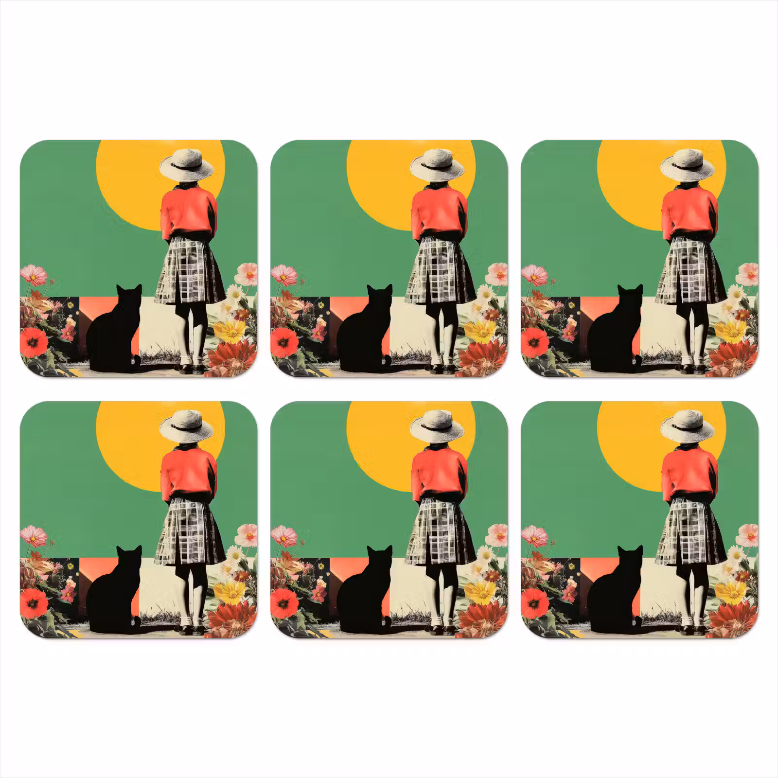 Onderzetter - Retro - Meisje - Kat - Zon — 1