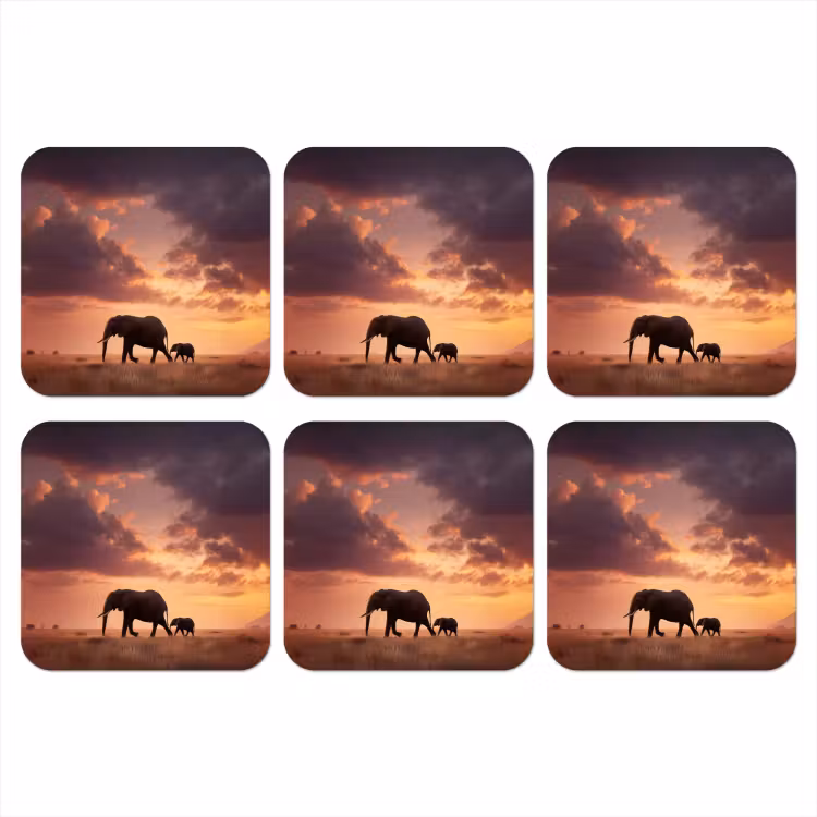 Onderzetter - Olifanten - Grasland - Zonsondergang — 1
