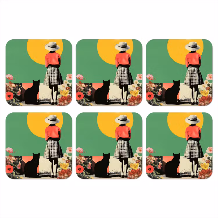Onderzetter - Retro - Meisje - Kat - Zon — 1