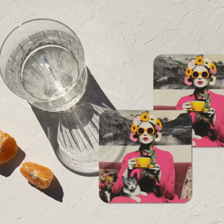 Onderzetter - Vrouw - Kat - Bloemen - Kopje - Retro — 3