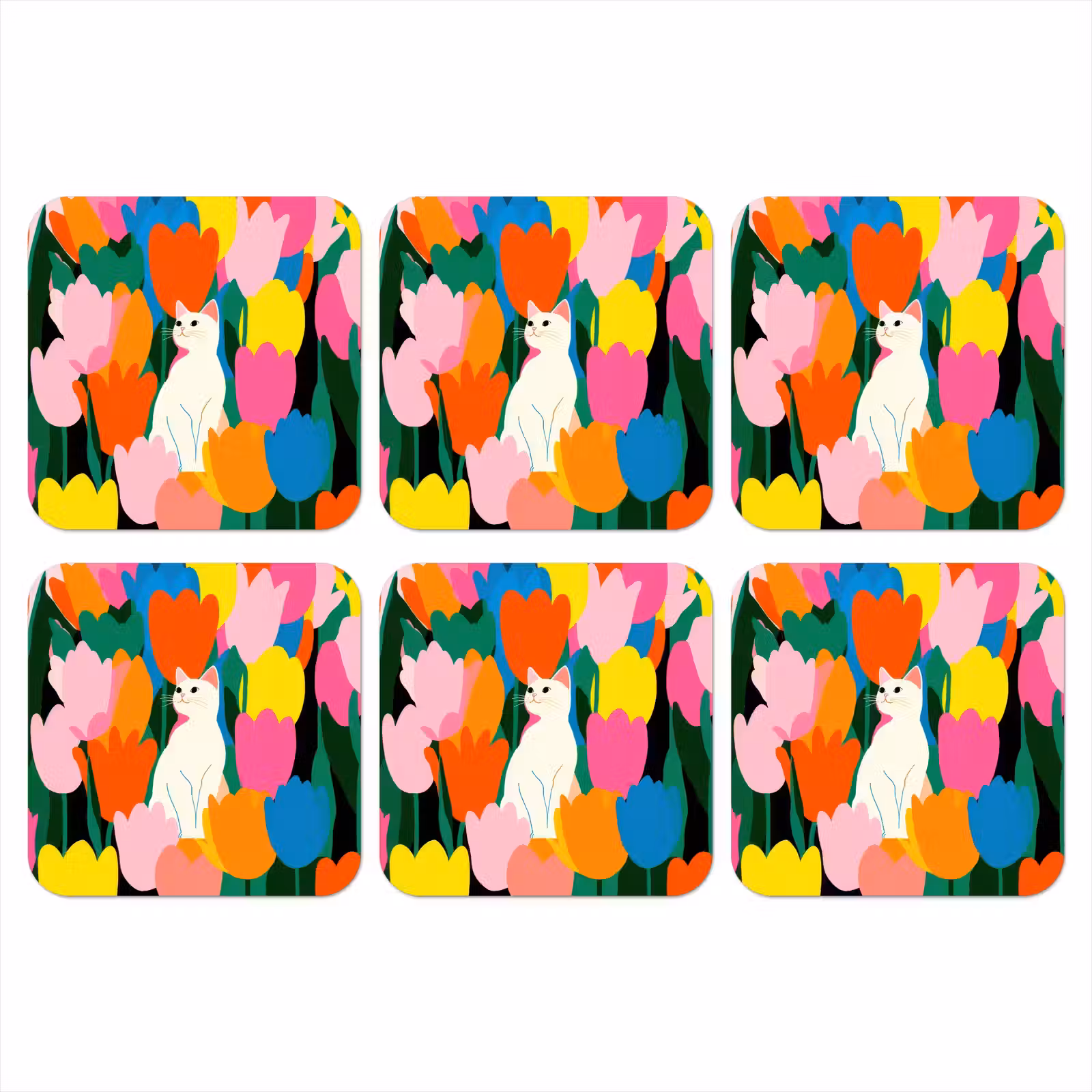 Onderzetter - Tulpen - Kat - Kleurrijk — 1