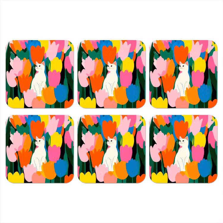 Onderzetter - Tulpen - Kat - Kleurrijk — 1