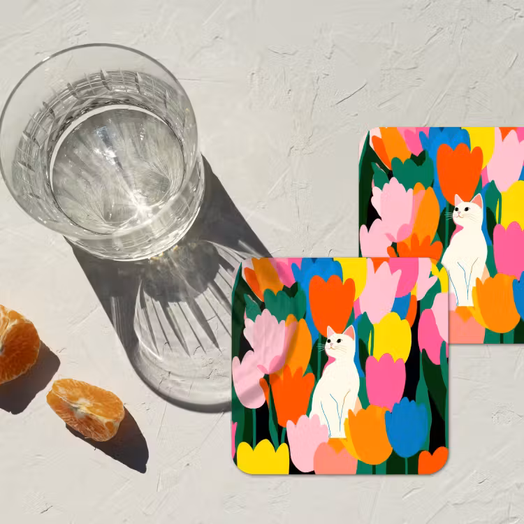 Onderzetter - Tulpen - Kat - Kleurrijk — 3