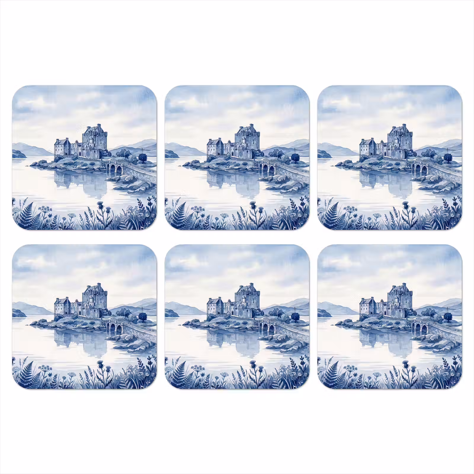 Onderzetter - Schots - Kasteel - Blauw - Aquarel — 1