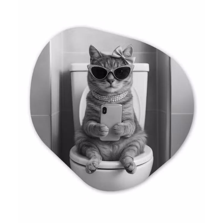 Organisch schilderij - Forex - Kat - Telefoon - Toilet - Zwart - Wit — 1