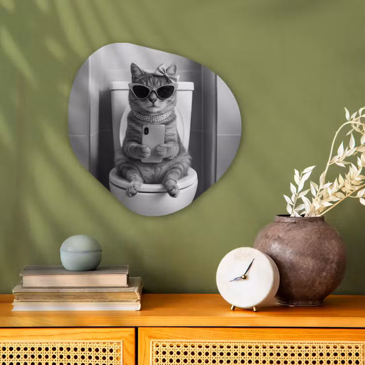 Organisch schilderij - Forex - Kat - Telefoon - Toilet - Zwart - Wit — 2