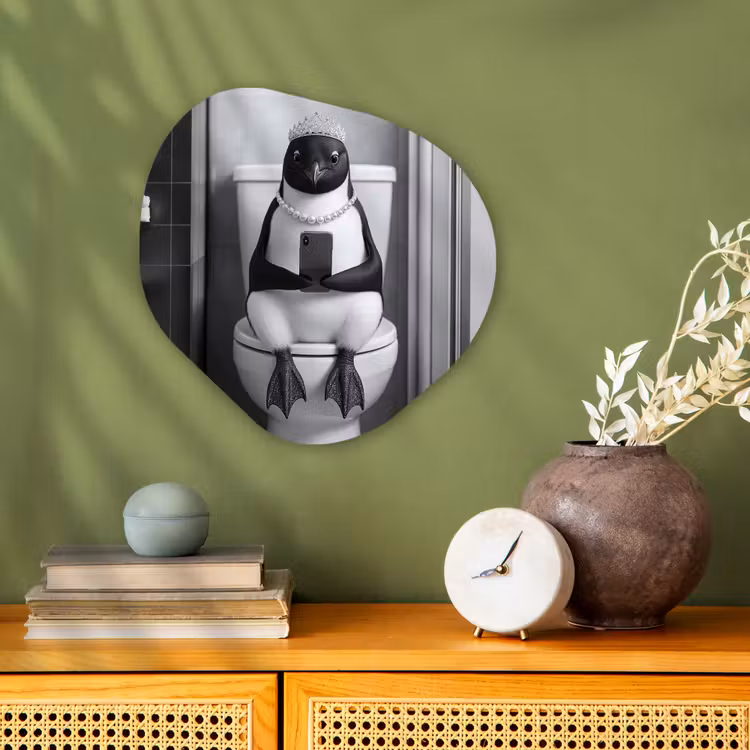 Organisch schilderij - Forex - Pinguïn - Telefoon - Toilet - Zwart - Wit — 2