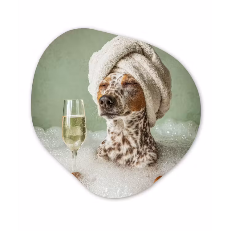 Organisch schilderij - Forex - Hond - Bad - Champagne - Handdoek — 1