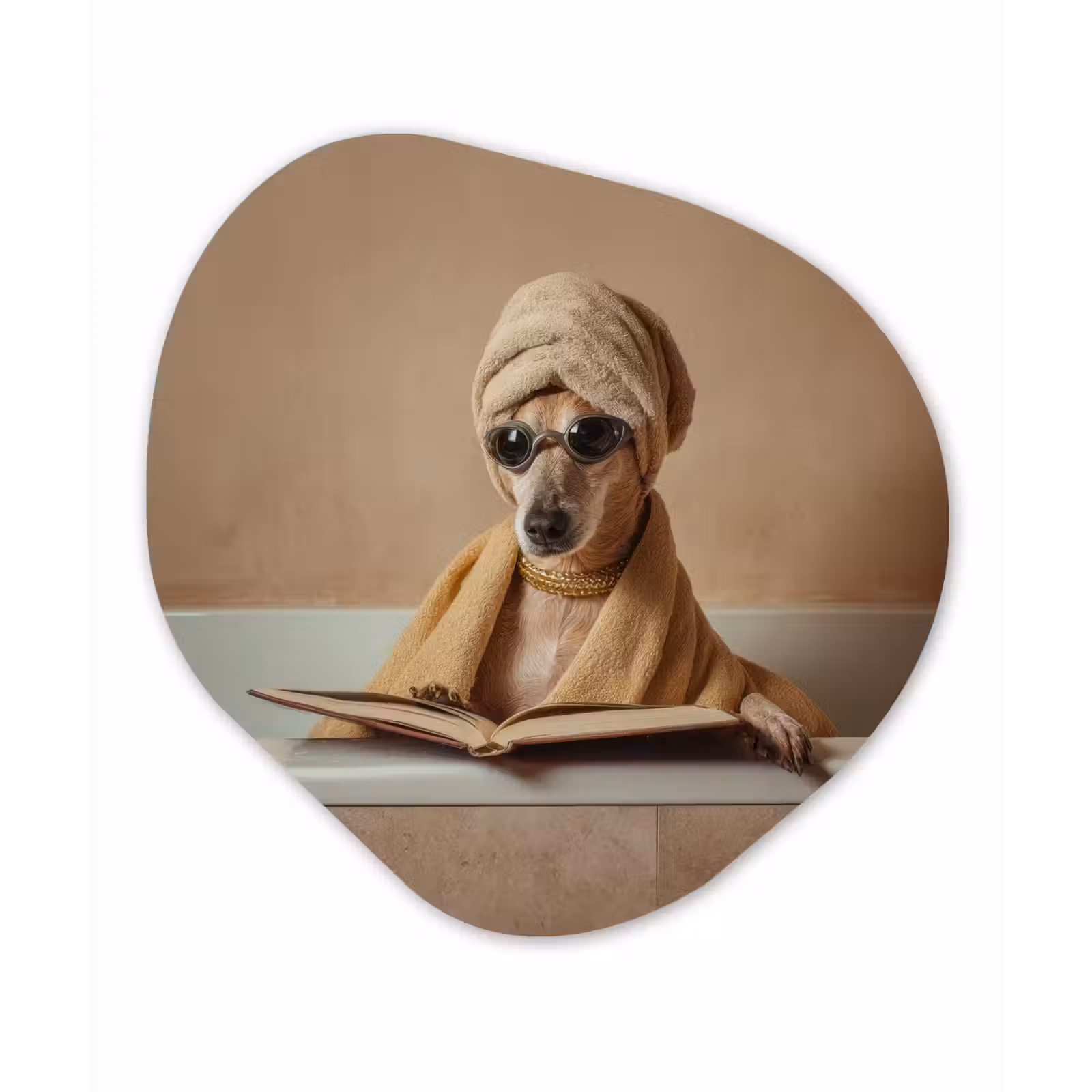 Organisch schilderij - Forex - Bad - Hond - Boek - Zonnebril — 1