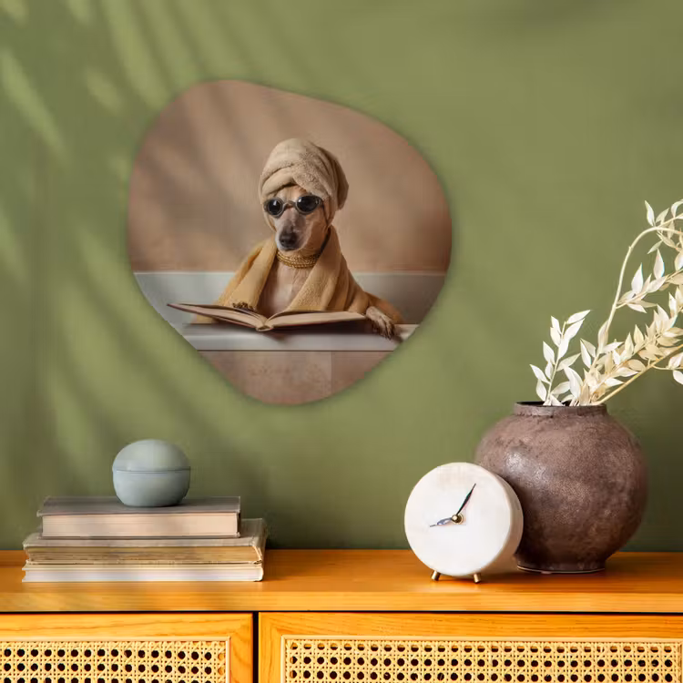 Organisch schilderij - Forex - Bad - Hond - Boek - Zonnebril — 2