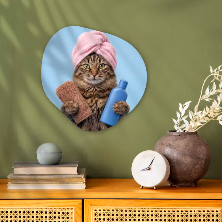 Organisch schilderij - Forex - Kat - Handdoek - Washand - Zeep — 2