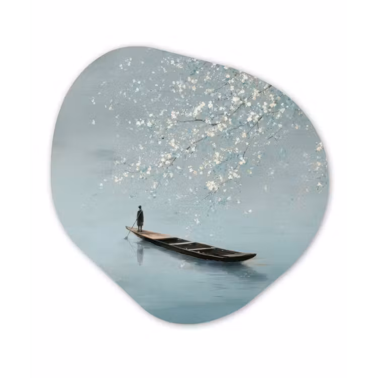 Organisch schilderij - Forex - Bloesems - Minimalistisch - Wateroppervlak - Boot — 1