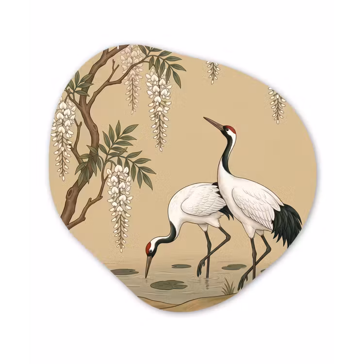 Organisch schilderij - Forex - Kraanvogels - Water - Beige — 1