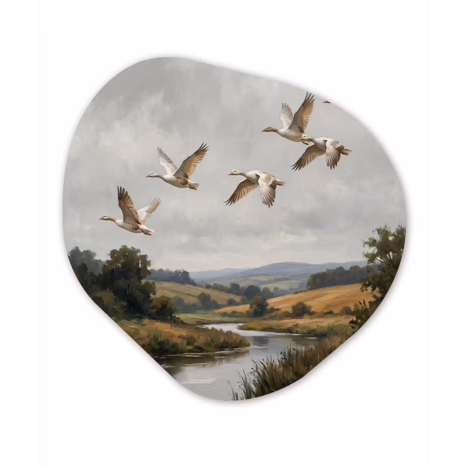 Organisch schilderij - Forex - Eenden - Rivier - Landschap - Vlucht - Nostalgisch — 1