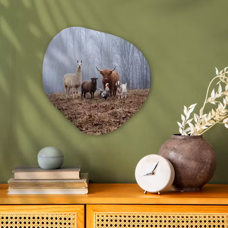 Organisch schilderij - Forex - Boerderijdieren - Groep - Mist - Natuur - Rustiek — 2