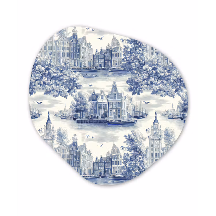 Organisch schilderij - Forex - Huizen - Bomen - Water - Vogels - Blauw — 1