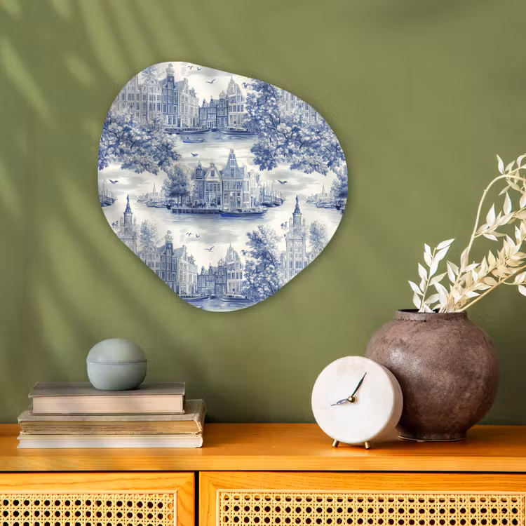 Organisch schilderij - Forex - Huizen - Bomen - Water - Vogels - Blauw — 2