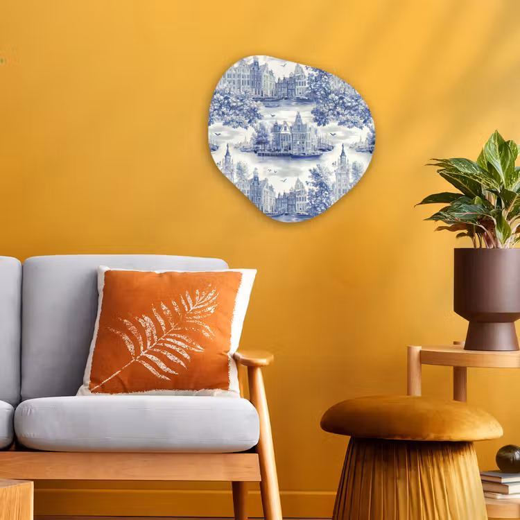 Organisch schilderij - Forex - Huizen - Bomen - Water - Vogels - Blauw — 3