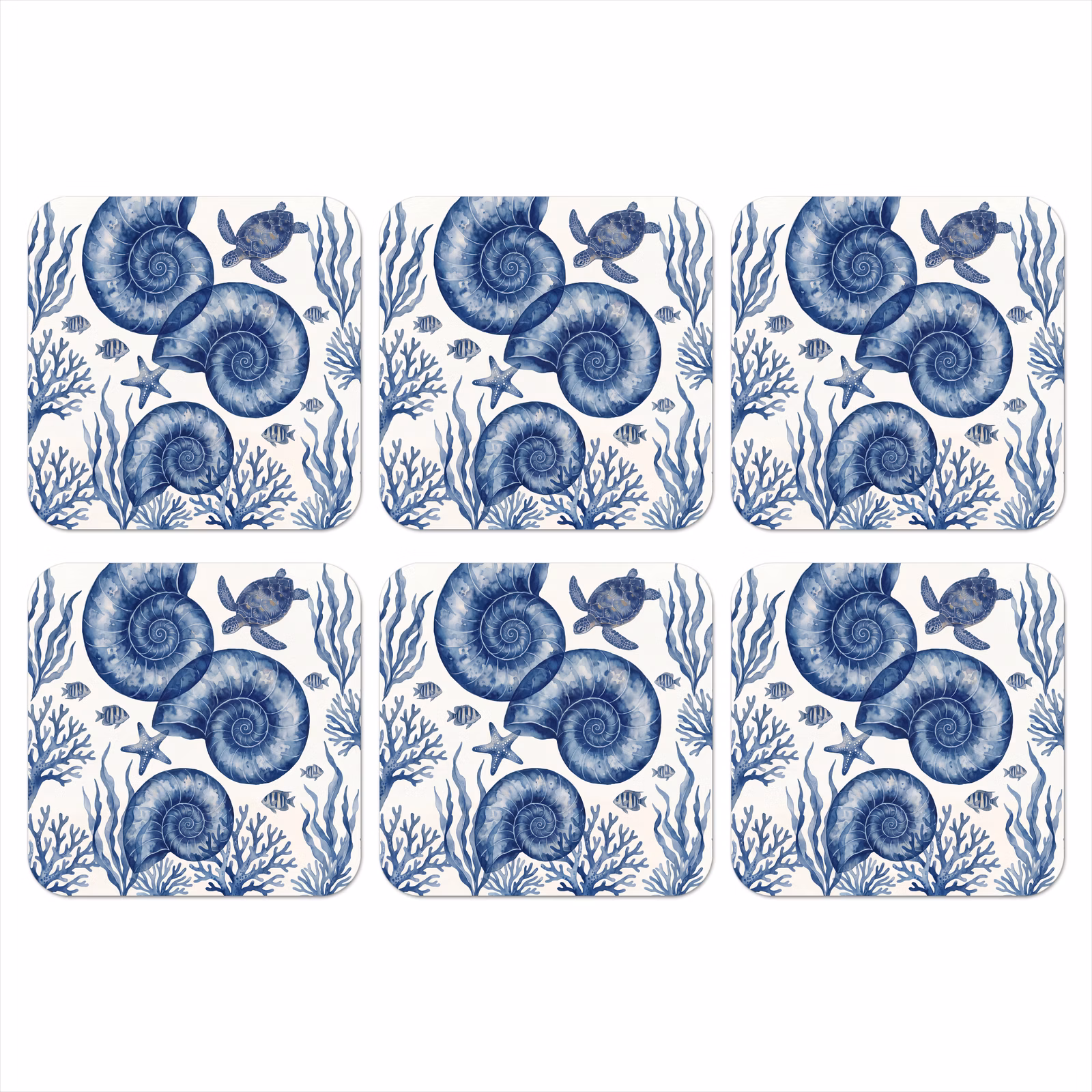 Onderzetter - Schelp - Spiraal - Zeeleven - Aquarel - Blauw — 1