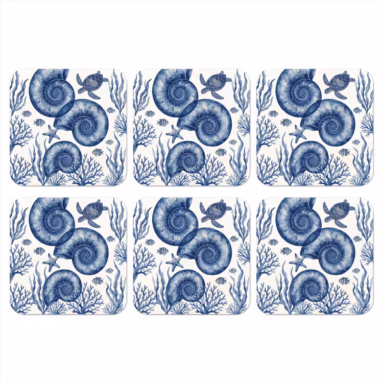 Onderzetter - Schelp - Spiraal - Zeeleven - Aquarel - Blauw — 1