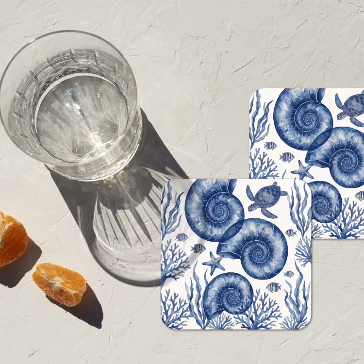 Onderzetter - Schelp - Spiraal - Zeeleven - Aquarel - Blauw — 3