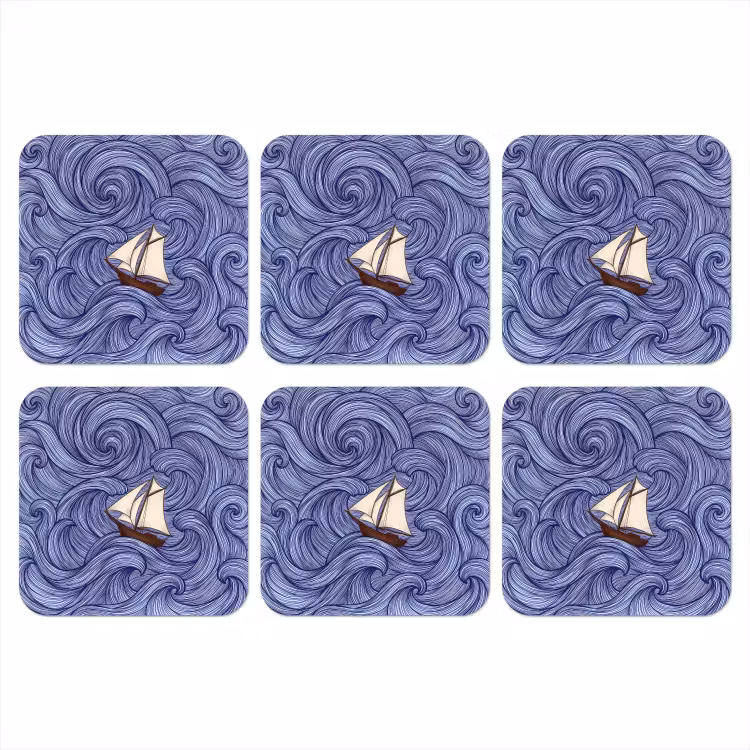 Onderzetter - Schip - Golven - Zee - Illustratie - Blauw — 1