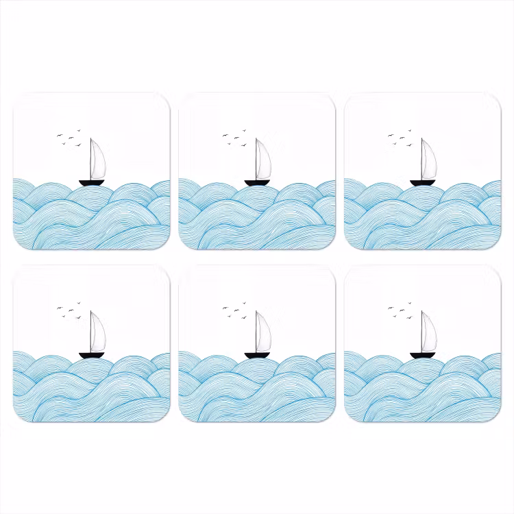 Onderzetter - Zeilboot - Golven - Zee - Illustratie - Blauw — 1