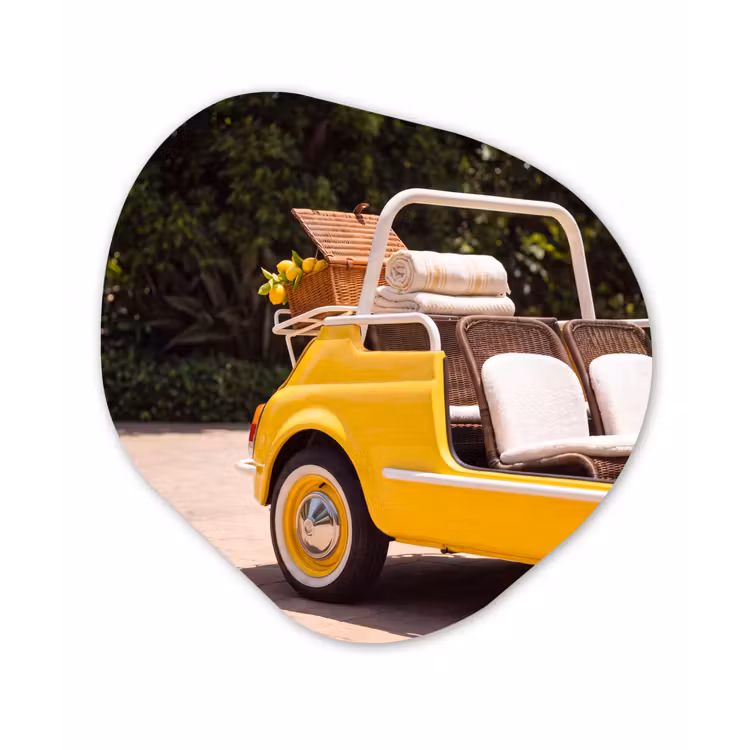 Organisch schilderij - Forex - Auto - Picknick - Zomer - Geel — 1