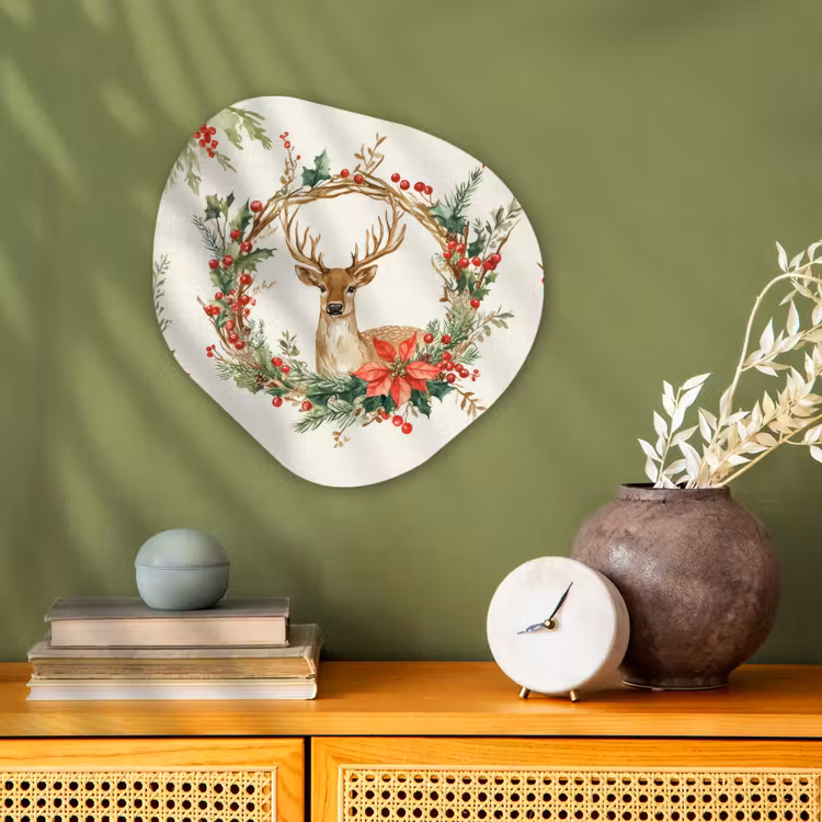 Organisch schilderij - Forex - Kerstkrans - Hert - Hulst - Rood — 2