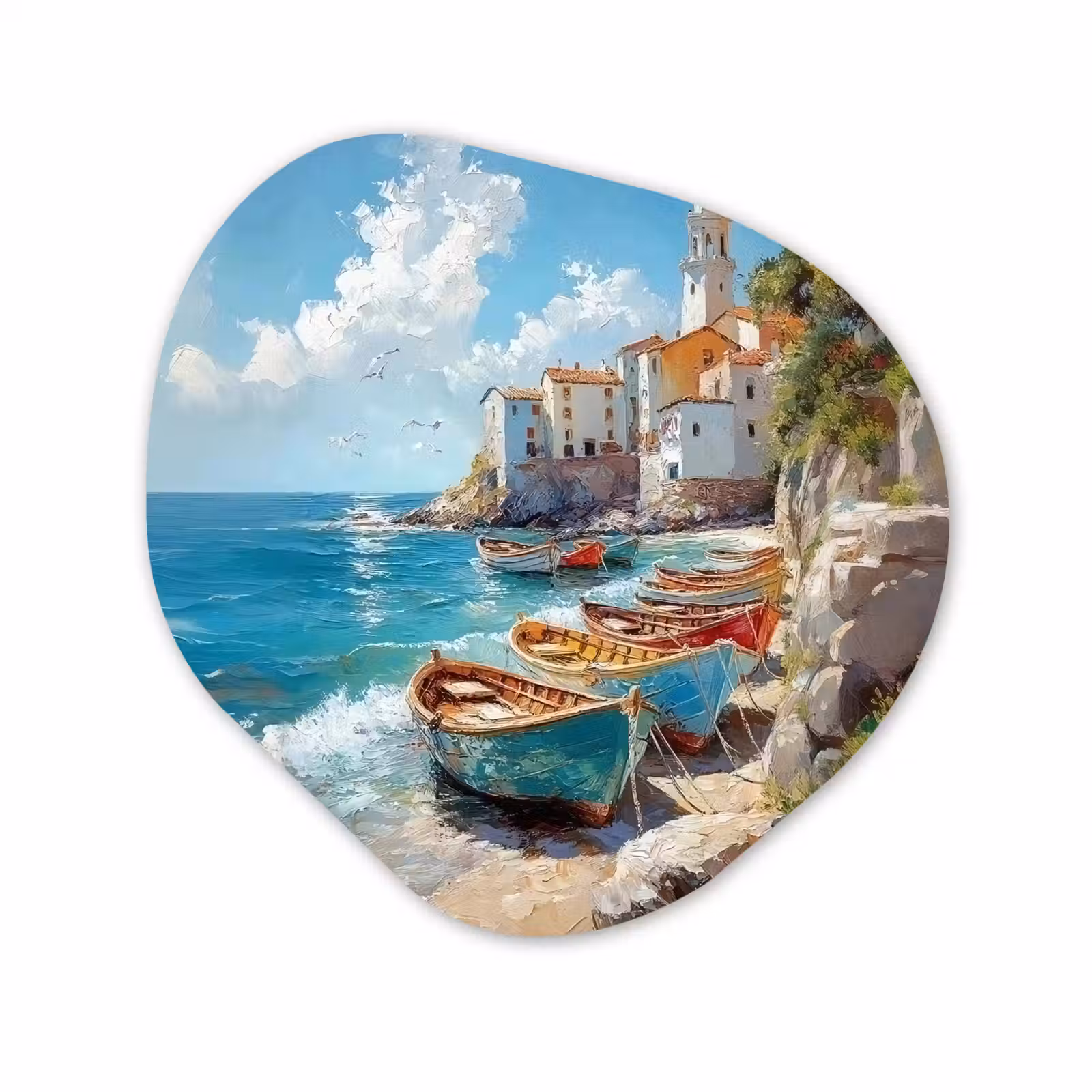 Organisch schilderij - Glas - Boten - Rotsen - Zee - Zon — 1