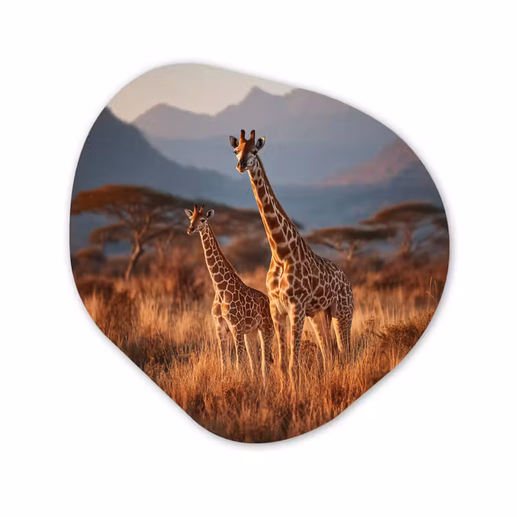 Organisch schilderij - Forex - Giraffen - Hoog gras - Acaciabomen — 1