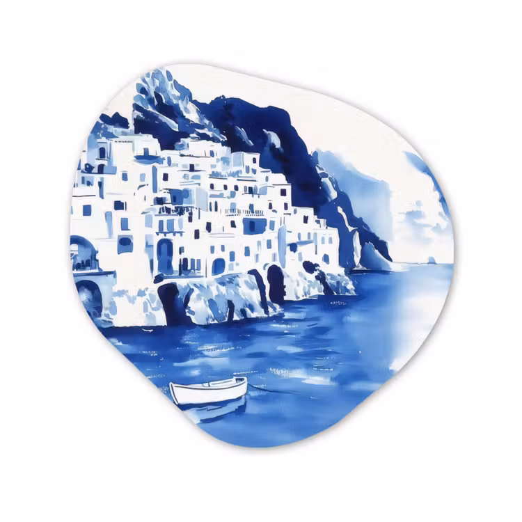 Organisch schilderij - Glas - Dorp - Rotswand - Roeiboot - Water — 1