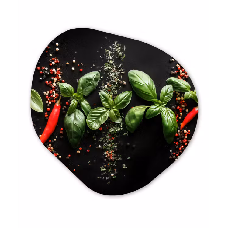 Organisch schilderij - Glas - Chilipepers - Basilicum - Blaadjes - Rood — 1