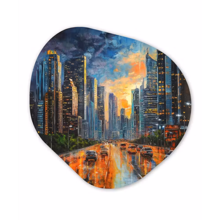 Organisch schilderij - Glas - Auto - Skyline - Zon - Blauw — 1