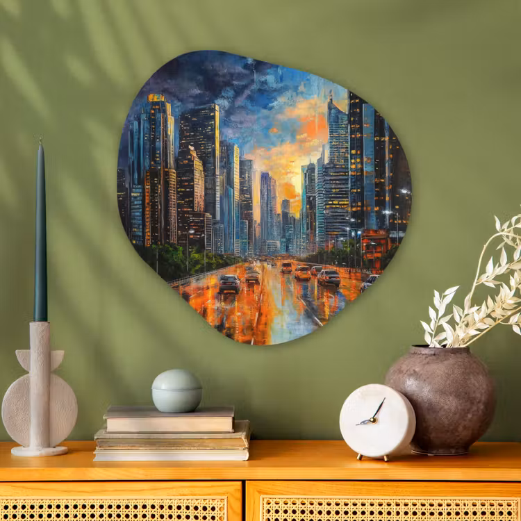 Organisch schilderij - Glas - Auto - Skyline - Zon - Blauw — 2