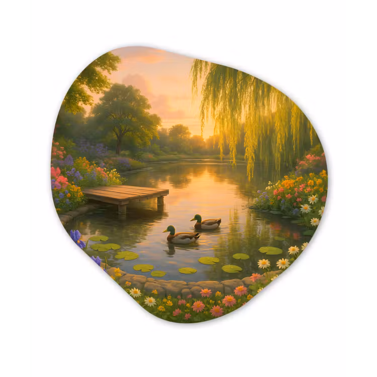 Organisch schilderij - Forex - Eenden - Vijver - Bloemen — 1
