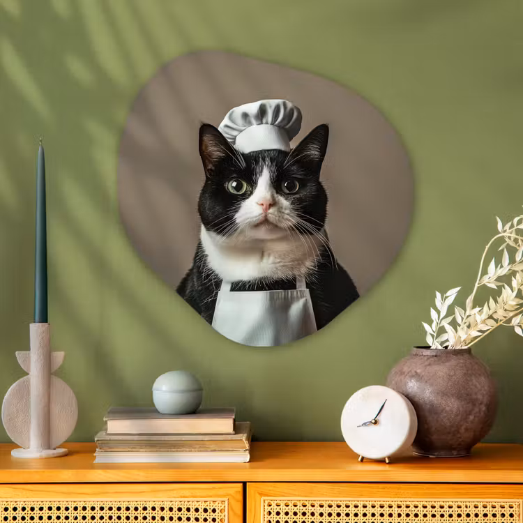 Organisch schilderij - Glas - Kat - Kokskleding - Zwart - Wit — 2