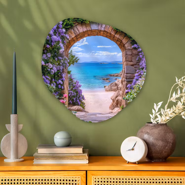 Organisch schilderij - Glas - Doorkijk - Poort - Zee - Strand - Rotsen — 2