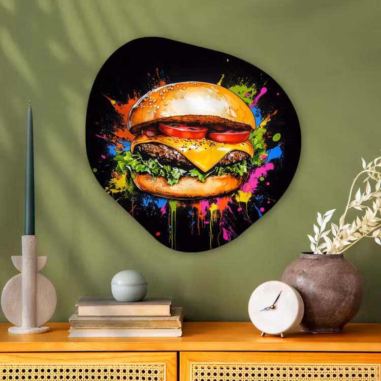 Organisch schilderij - Glas - Hamburger - Graffiti - Verf - Kleurrijk - Eten - Abstract — 2