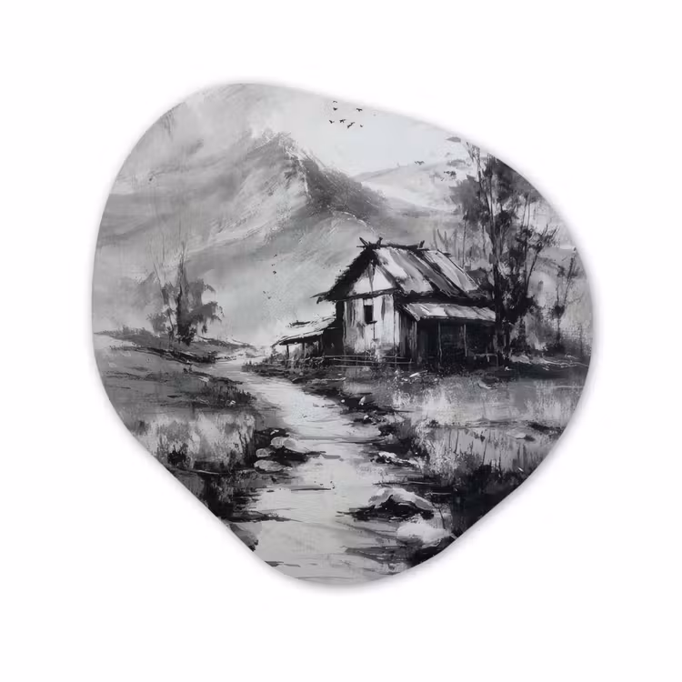 Organisch schilderij - Forex - Hut - Grijs - Bergen - Mistig — 1
