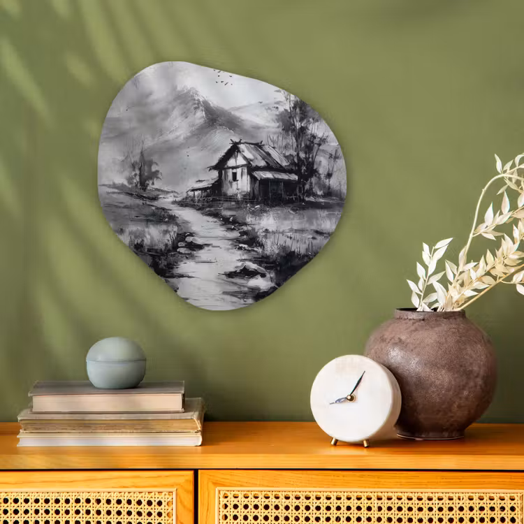 Organisch schilderij - Forex - Hut - Grijs - Bergen - Mistig — 2