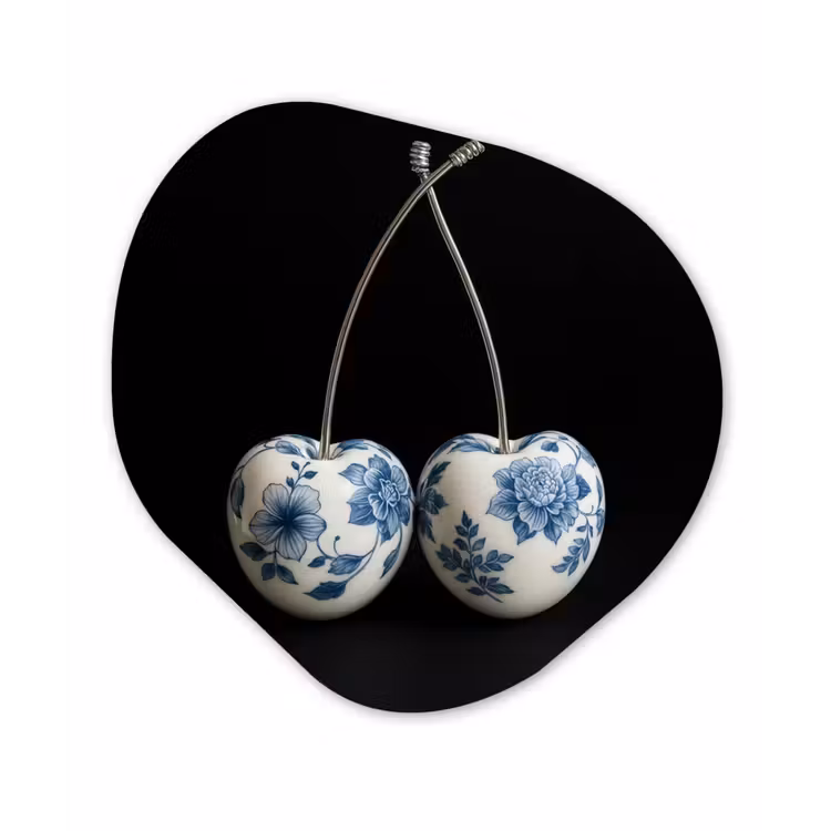 Organisch schilderij - Glas - Kersen - Delfts blauw - Fruit — 1