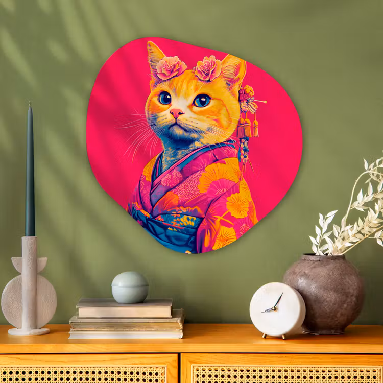 Organisch schilderij - Glas - Kat - Kimono - Bloemen - Roze — 2