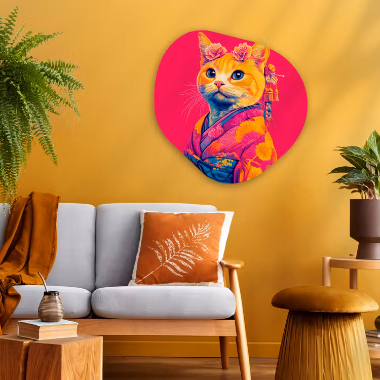Organisch schilderij - Glas - Kat - Kimono - Bloemen - Roze — 3