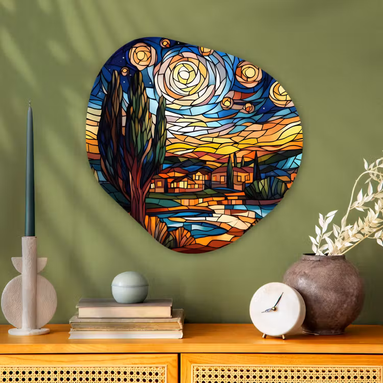 Organisch schilderij - Glas - Hemel - Sterren - Mozaïek - Huizen — 2
