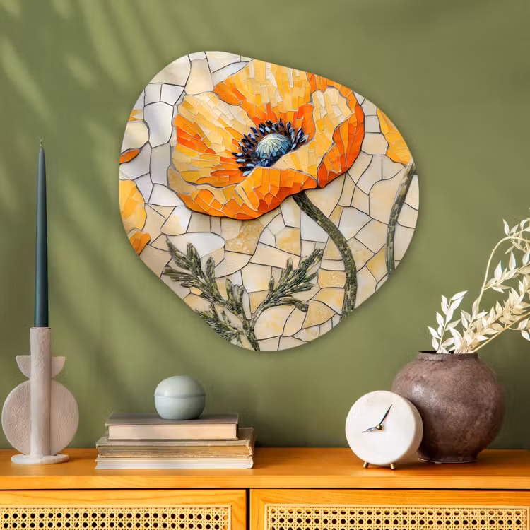 Organisch schilderij - Glas - Klaprozen - Oranje - Mozaïek - Bladeren — 2