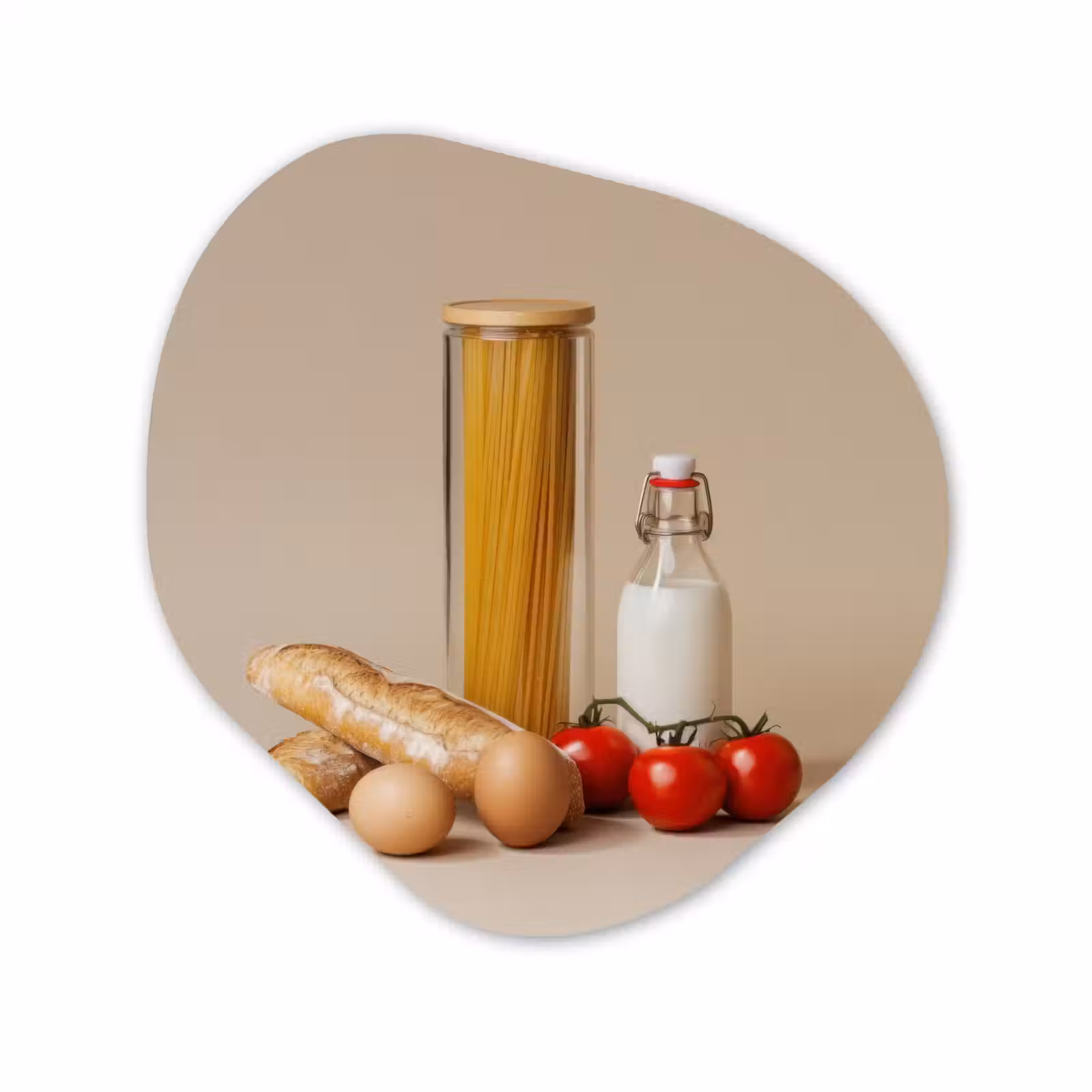 Organisch schilderij - Forex - Spaghetti - Melk - Tomaten - Eieren - Brood — 1