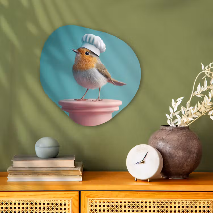 Organisch schilderij - Forex - Roodborstje - Vogel - Koksmuts - Sokkel — 2