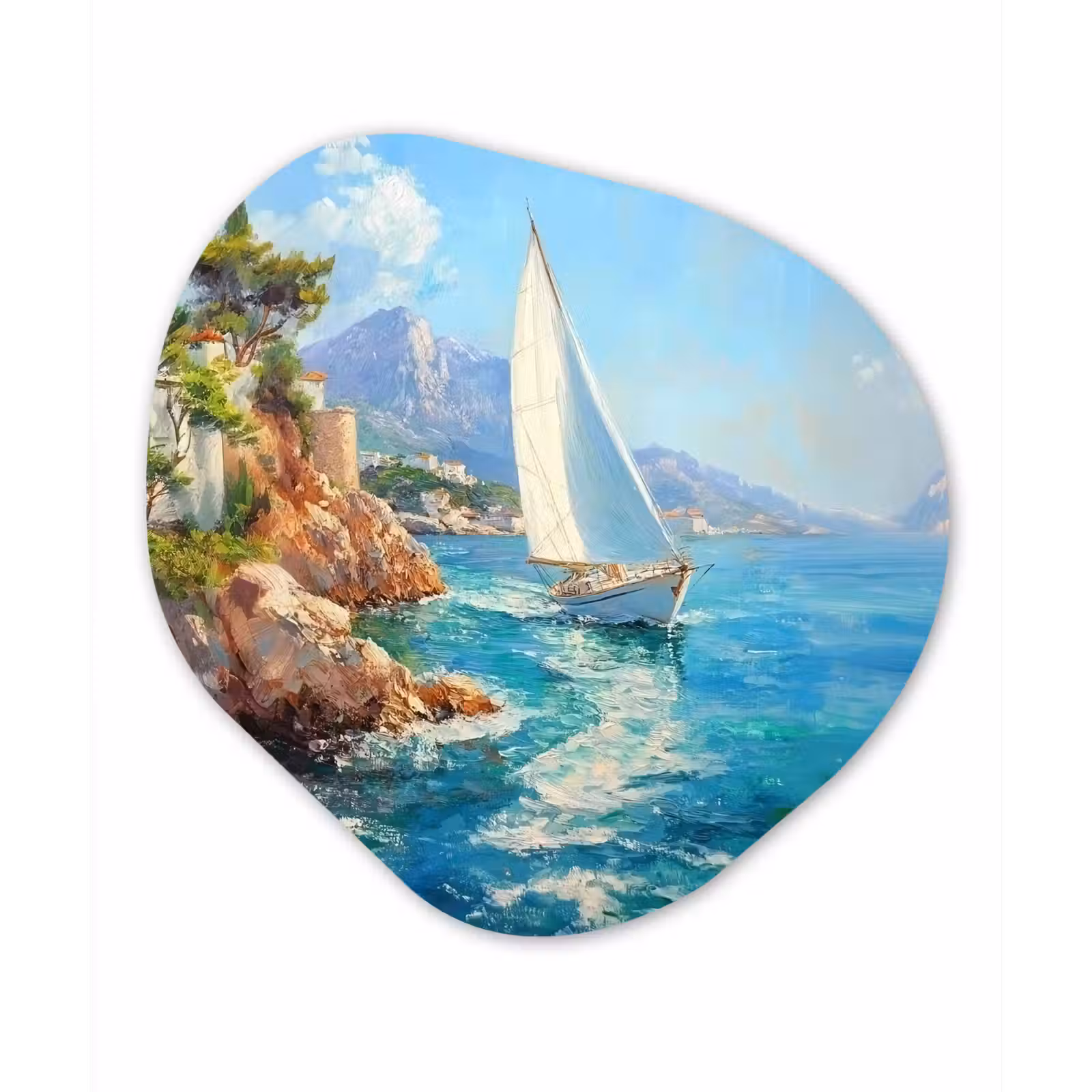 Organisch schilderij - Forex - Zeilboot - Rotsen - Kust - Huizen — 1