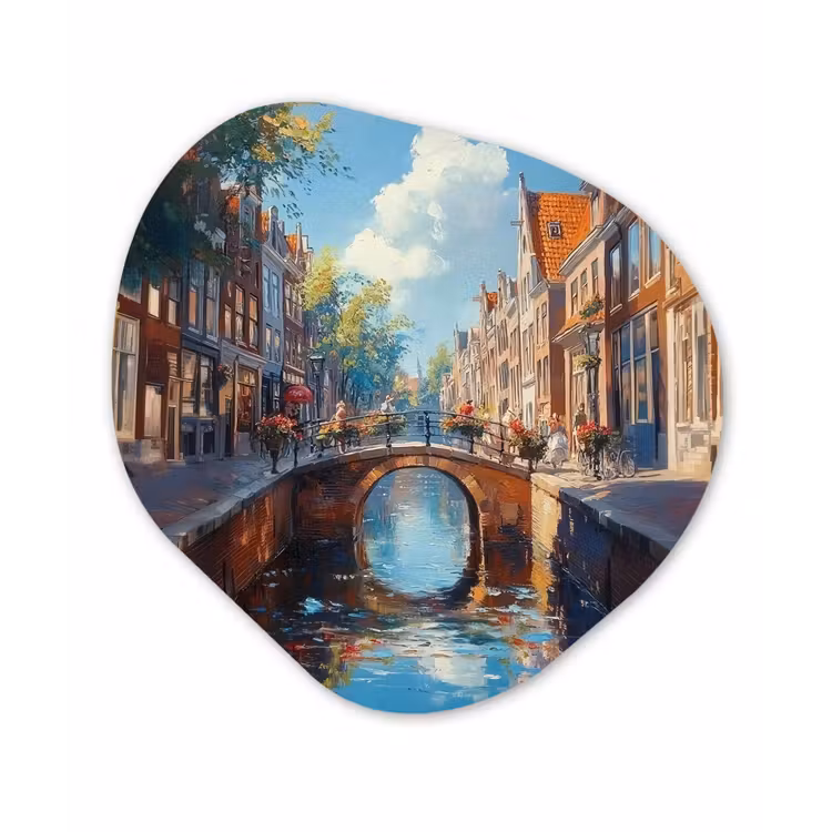 Organisch schilderij - Forex - Stad - Gracht - Zon - Fietsen — 1
